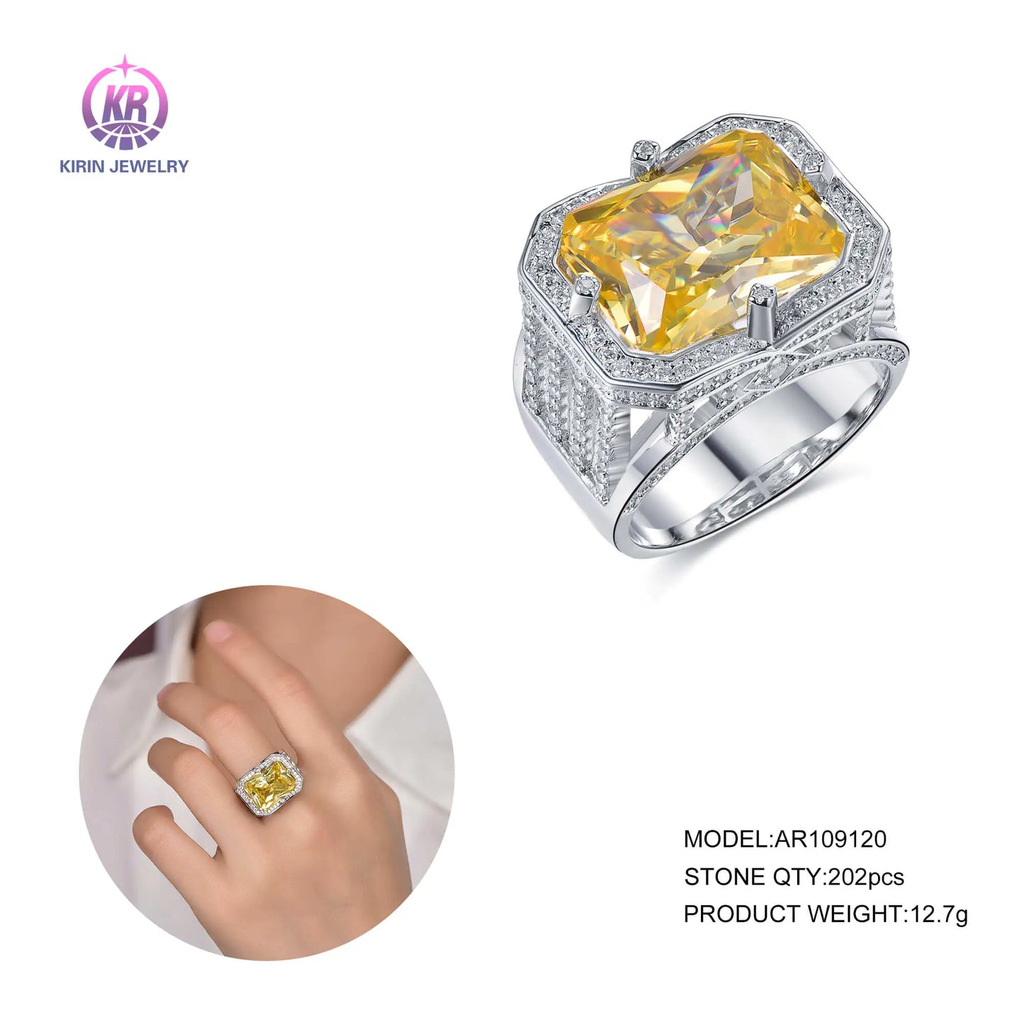 Wholesale Silver CZ Radiant Cut Citrine Wide Band Engagement Rings for Women