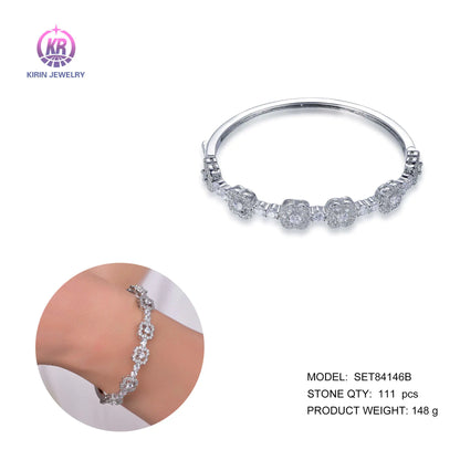 Wholesale Silver CZ Round Cut Simulated Diamond Flower Bangle Bracelet for Women