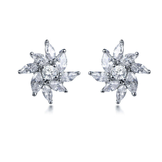 Wholesale Silver CZ Round & Marquise-Cut Simulants Diamond Flower Stud Earrings