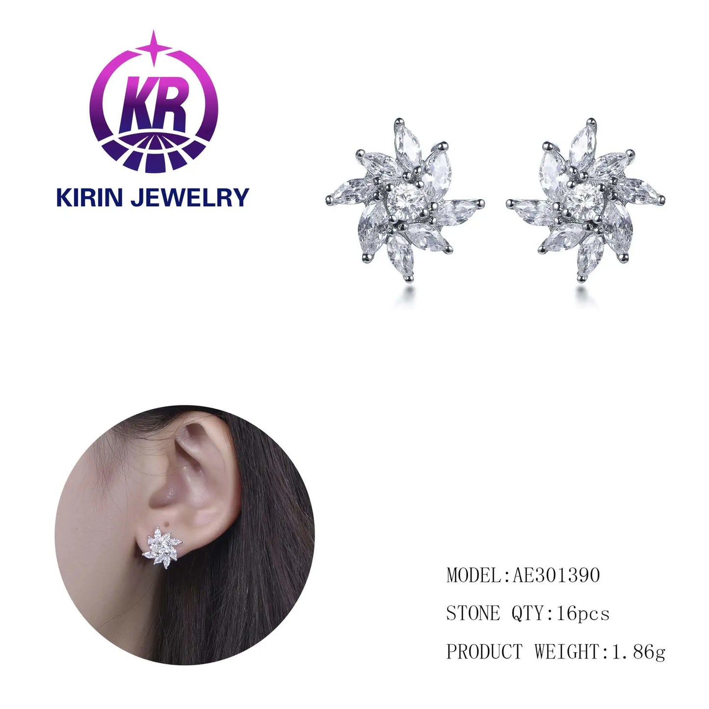 Wholesale Silver CZ Round & Marquise-Cut Simulants Diamond Flower Stud Earrings for Women