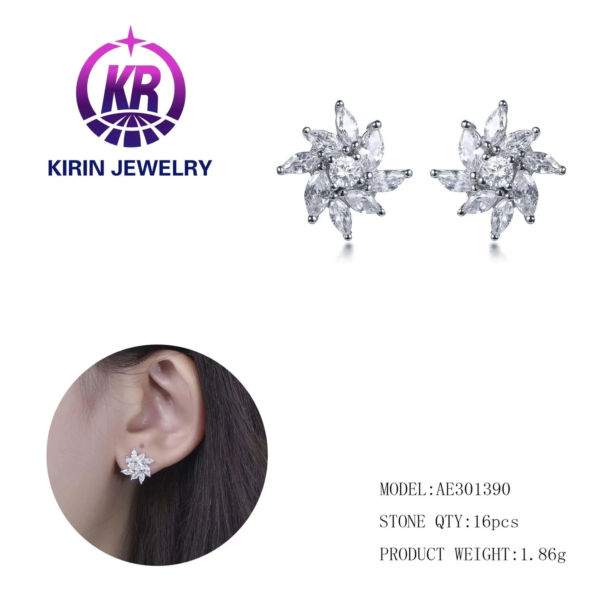 Wholesale Silver CZ Round & Marquise-Cut Simulants Diamond Flower Stud Earrings for Women