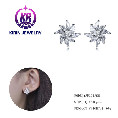 Wholesale Silver CZ Round & Marquise-Cut Simulants Diamond Flower Stud Earrings for Women