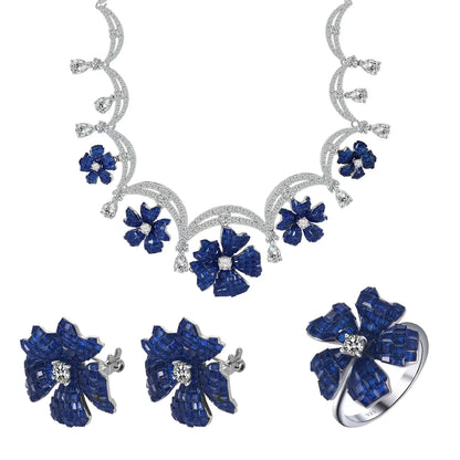 Wholesale Silver CZ & Spinel Created Sapphire Cluster Floral Bridal Jewelry Sets