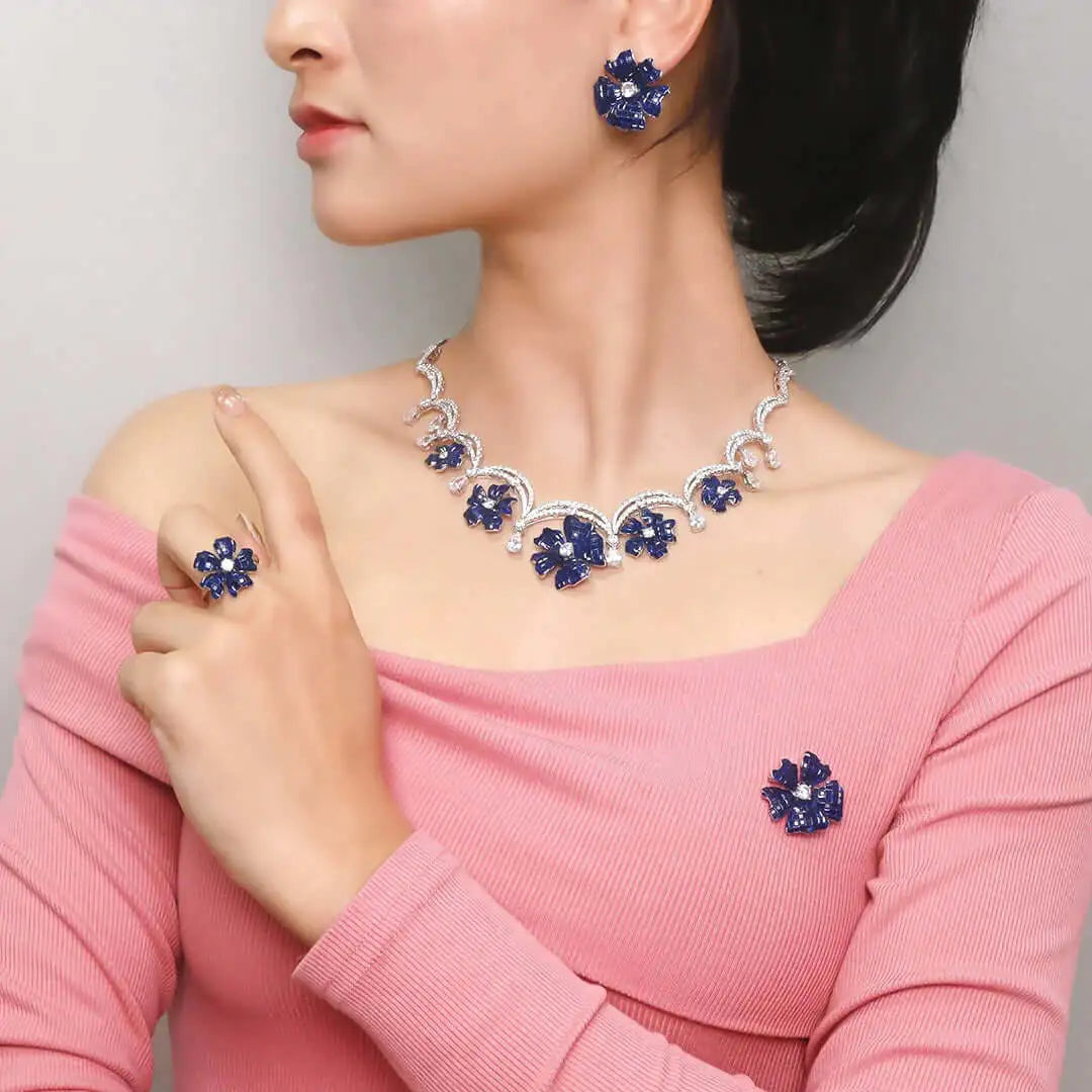 Wholesale Silver CZ & Spinel Created Sapphire Cluster Floral Bridal Jewelry Sets for Women