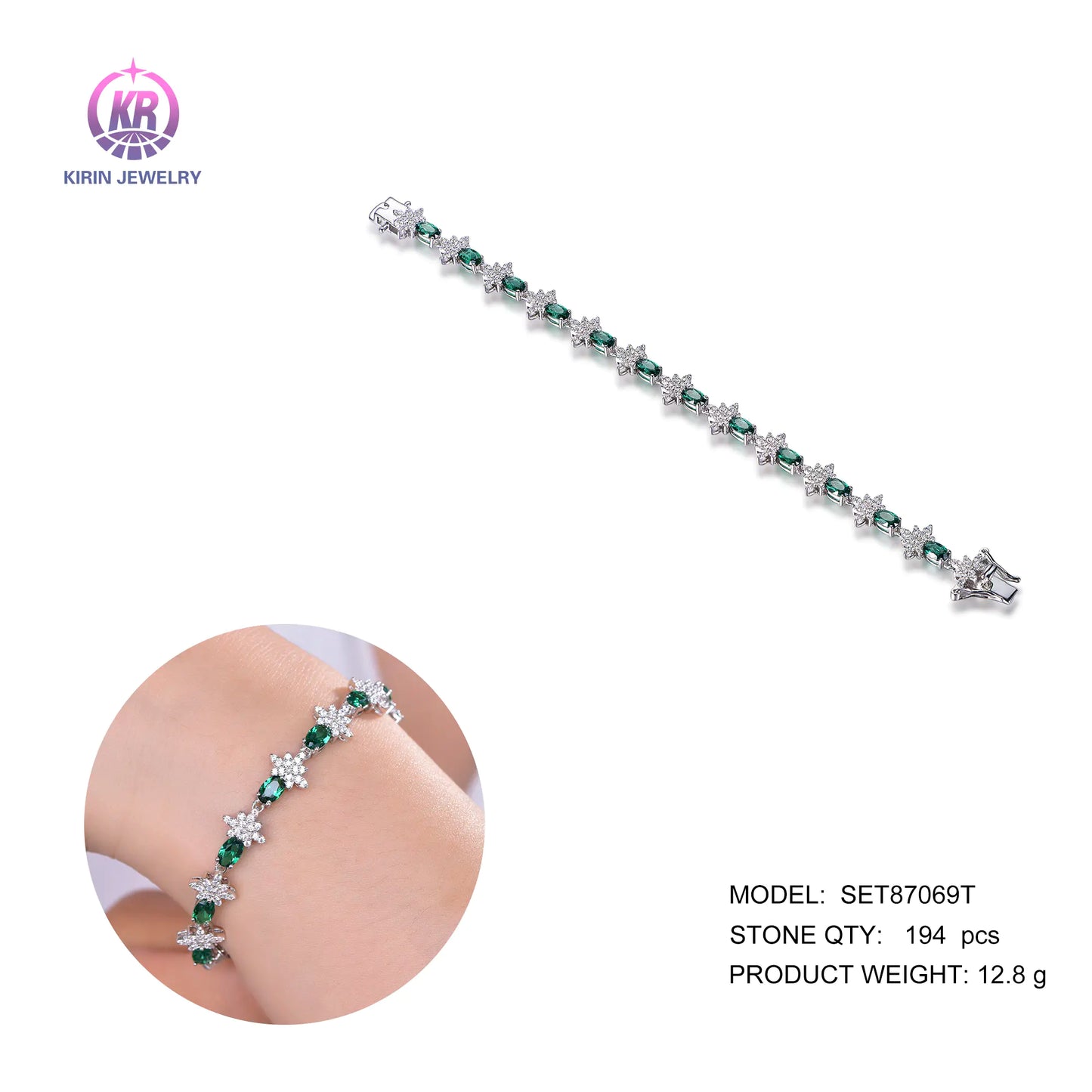 Wholesale Silver CZ & Spinel Simulated Emerald Oval Tennis Bracelet for Women