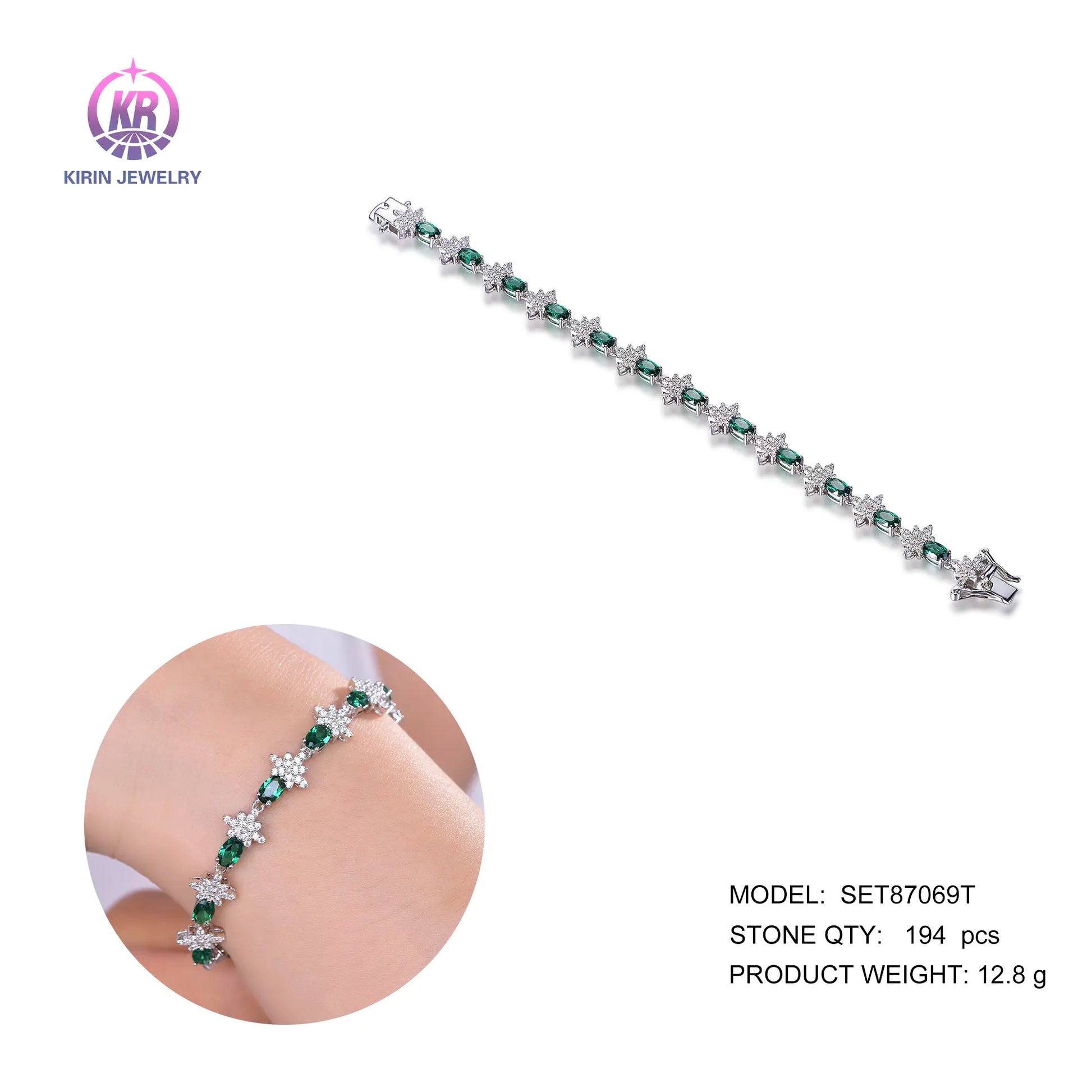 Wholesale Silver CZ & Spinel Simulated Emerald Oval Tennis Bracelet for Women
