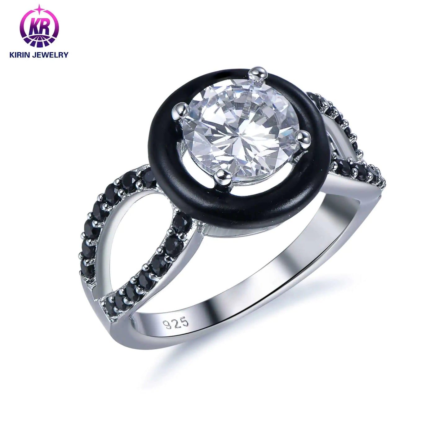 Wholesale Silver CZ Split Shank Black Enamel Round Cut Diamond Engagement Ring