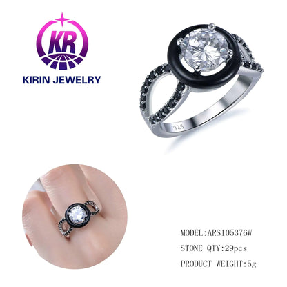 Wholesale Silver CZ Split Shank Black Enamel Round Cut Diamond Engagement Ring for Women