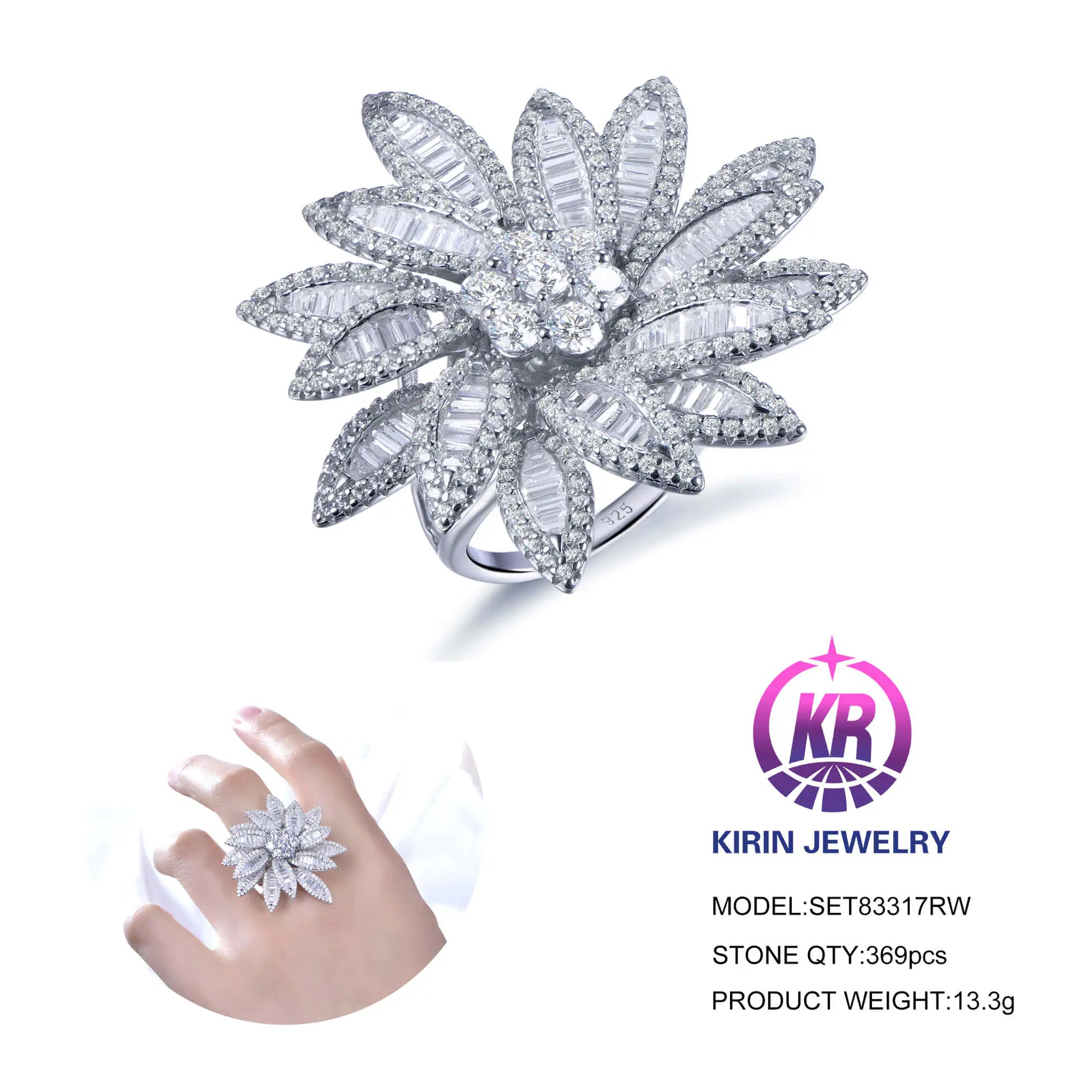Wholesale Silver CZ Statement Cocktail Unique Flower Engagement Rings for Women