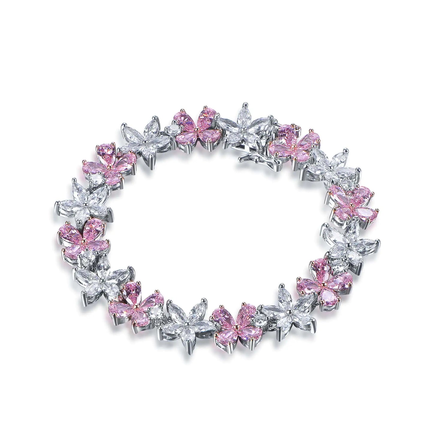 Wholesale Silver CZ White & Pink Flower Tennis Bracelet