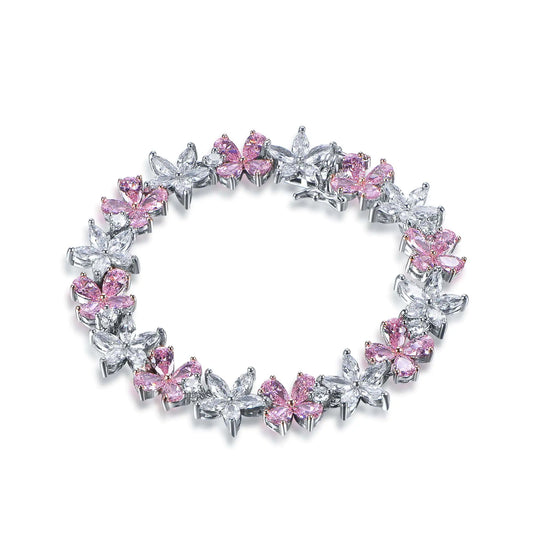 Wholesale Silver CZ White & Pink Flower Tennis Bracelet