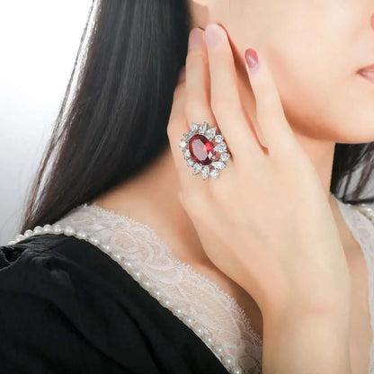 Wholesale Silver Cocktail Style Created Ruby and Diamond Engagement Ring for Women