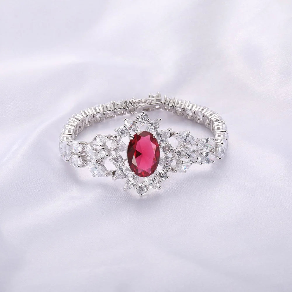 Wholesale Silver Corundum & CZ Marquise Leaf Teardrop Bracelet Ruby Jewelry Set