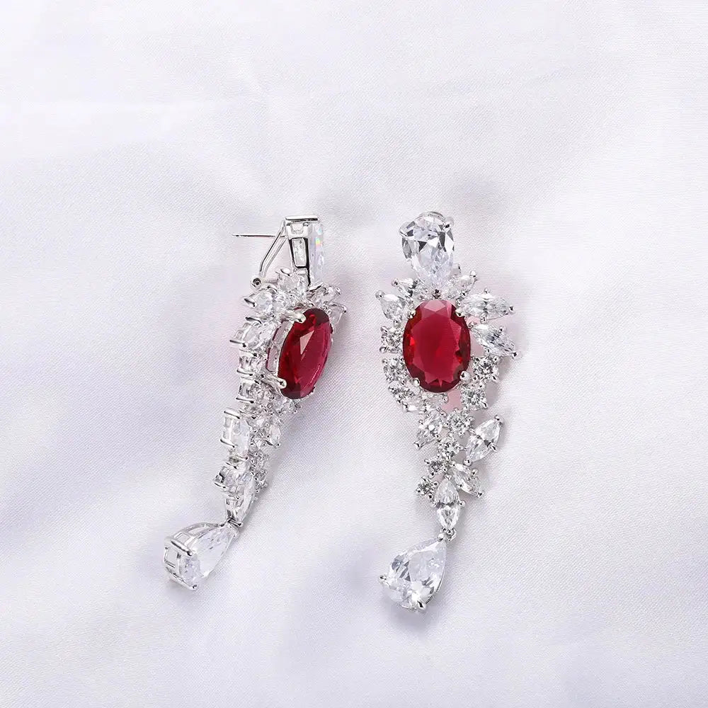 Wholesale Silver Corundum & CZ Marquise Leaf Teardrop Earrings Ruby Jewelry Set