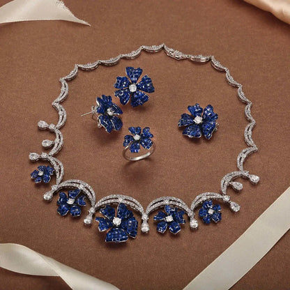 Wholesale Silver Created Sapphire Cluster Floral Bridal Jewelry Sets