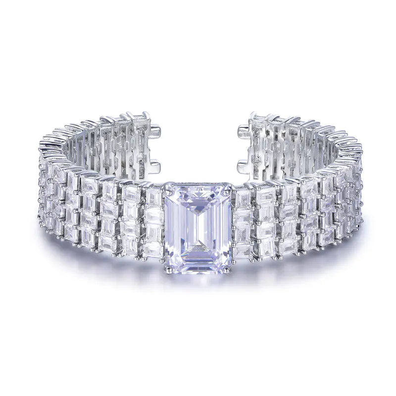 Wholesale Silver Cubic Zircon 4 Row Statement Wide Cuff Bangle