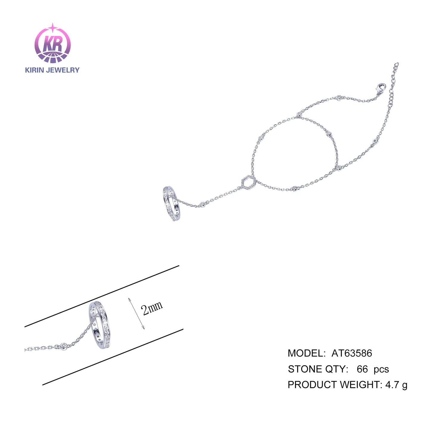 Wholesale Silver Cubic Zircon Adjustable Hand Chain Ring Bracelet for Women