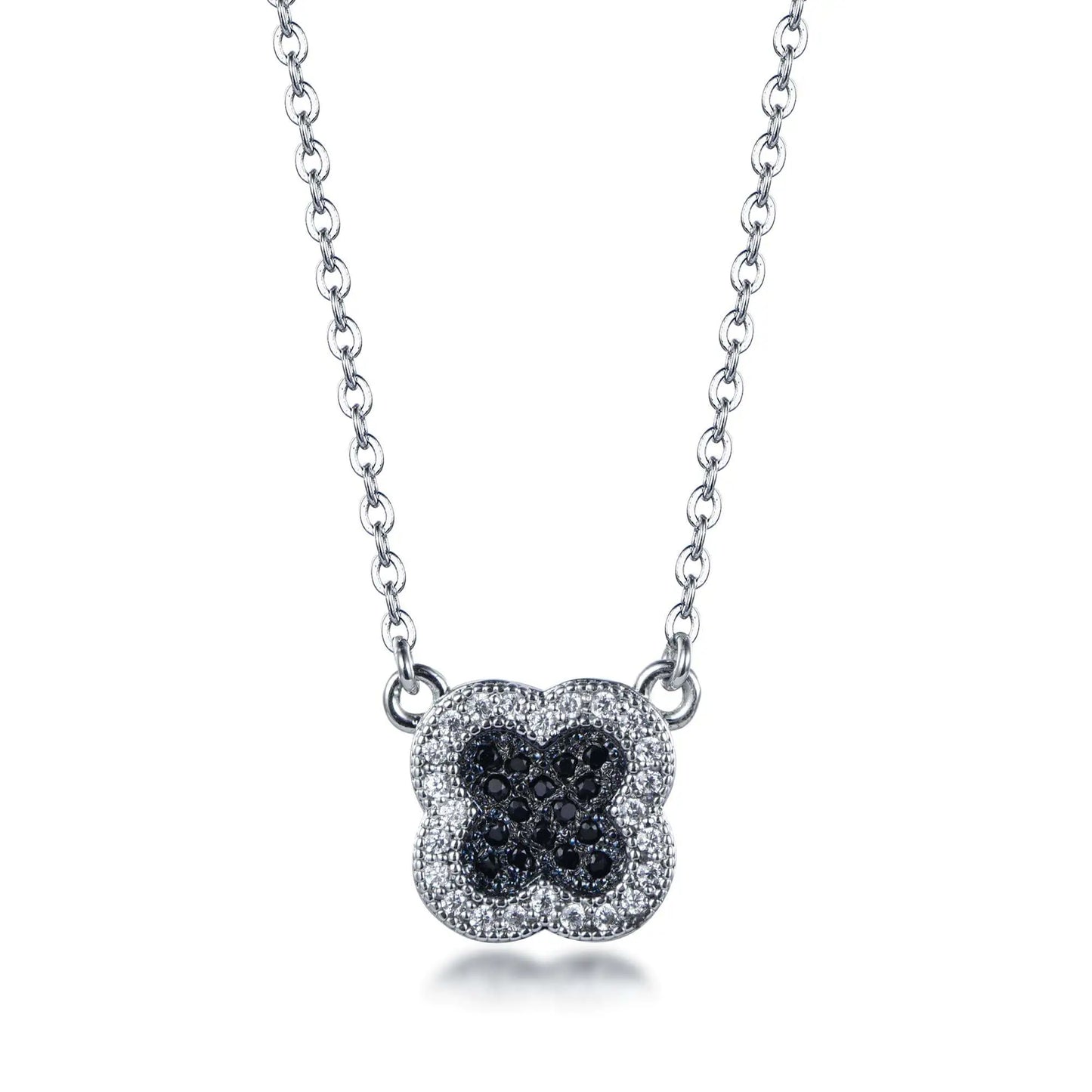 Wholesale Silver Cubic Zircon & Black Spinel Four-Leaf Clover Choker Necklace