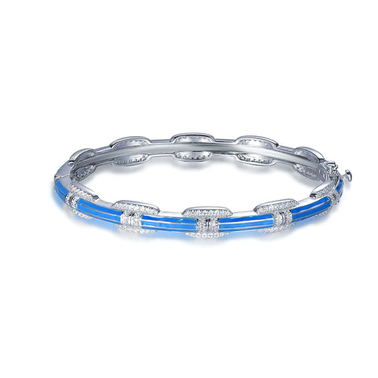 Wholesale Silver Cubic Zircon & Blue Enamel Link Personalized Bangle