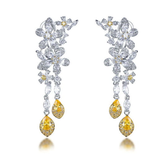 Wholesale Silver Cubic Zircon Cluster Flower Lab Citrine Chandelier Teardrop Earrings​