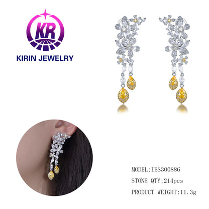 Wholesale Silver Cubic Zircon Cluster Flower Lab Citrine Chandelier Teardrop Earrings for Women