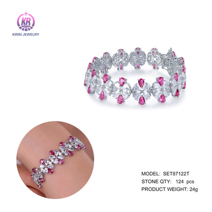 Wholesale Silver Cubic Zircon & Corundum Pear Cluster Flower Tennis Bracelet for Women