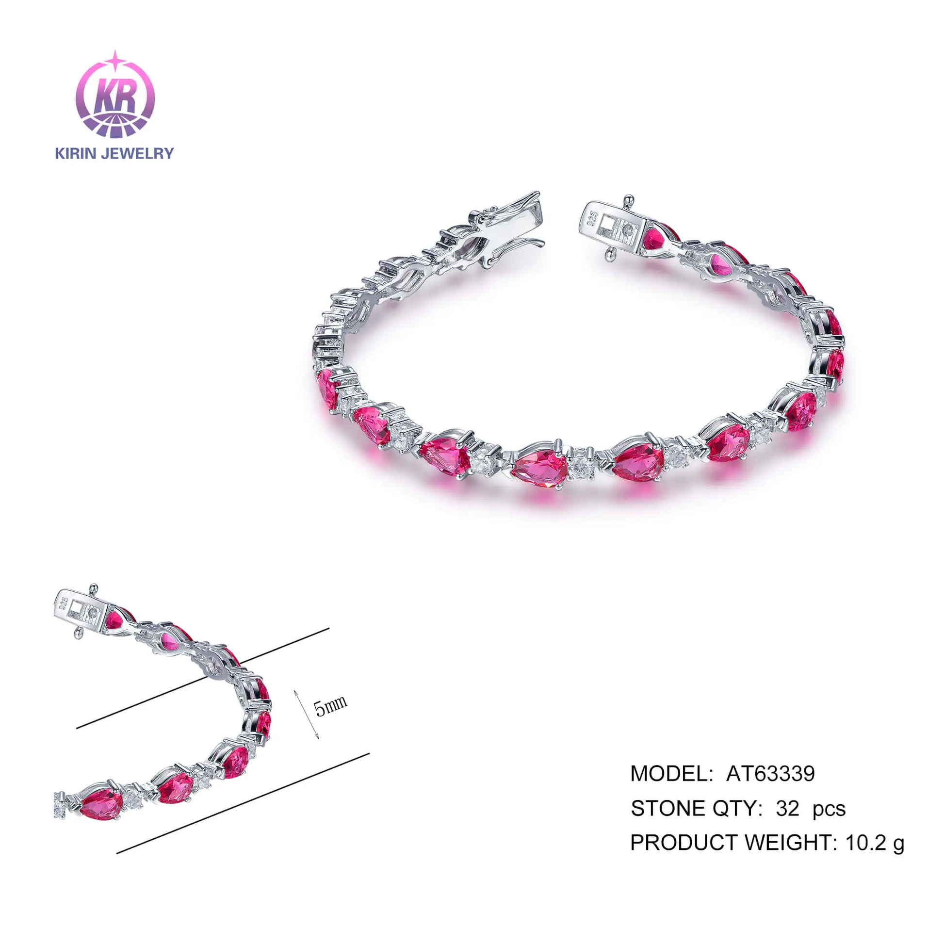 Wholesale Silver Cubic Zircon & Corundum Pear Cut Lab Red Ruby Tennis Bracelet​ for Women