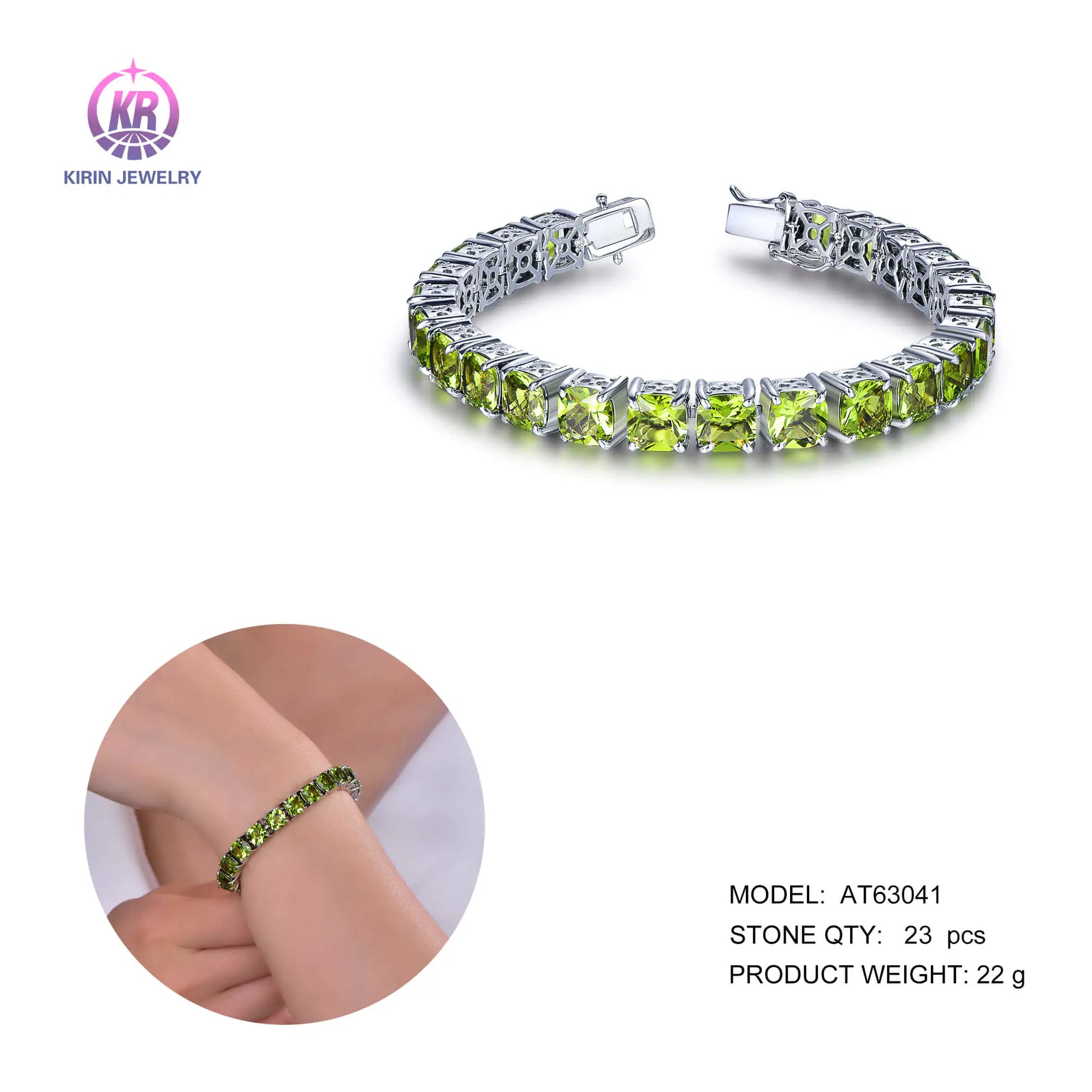 Wholesale Silver Cubic Zircon Cushion Cut Green Peridot Gemstone Tennis Bracelets for Women