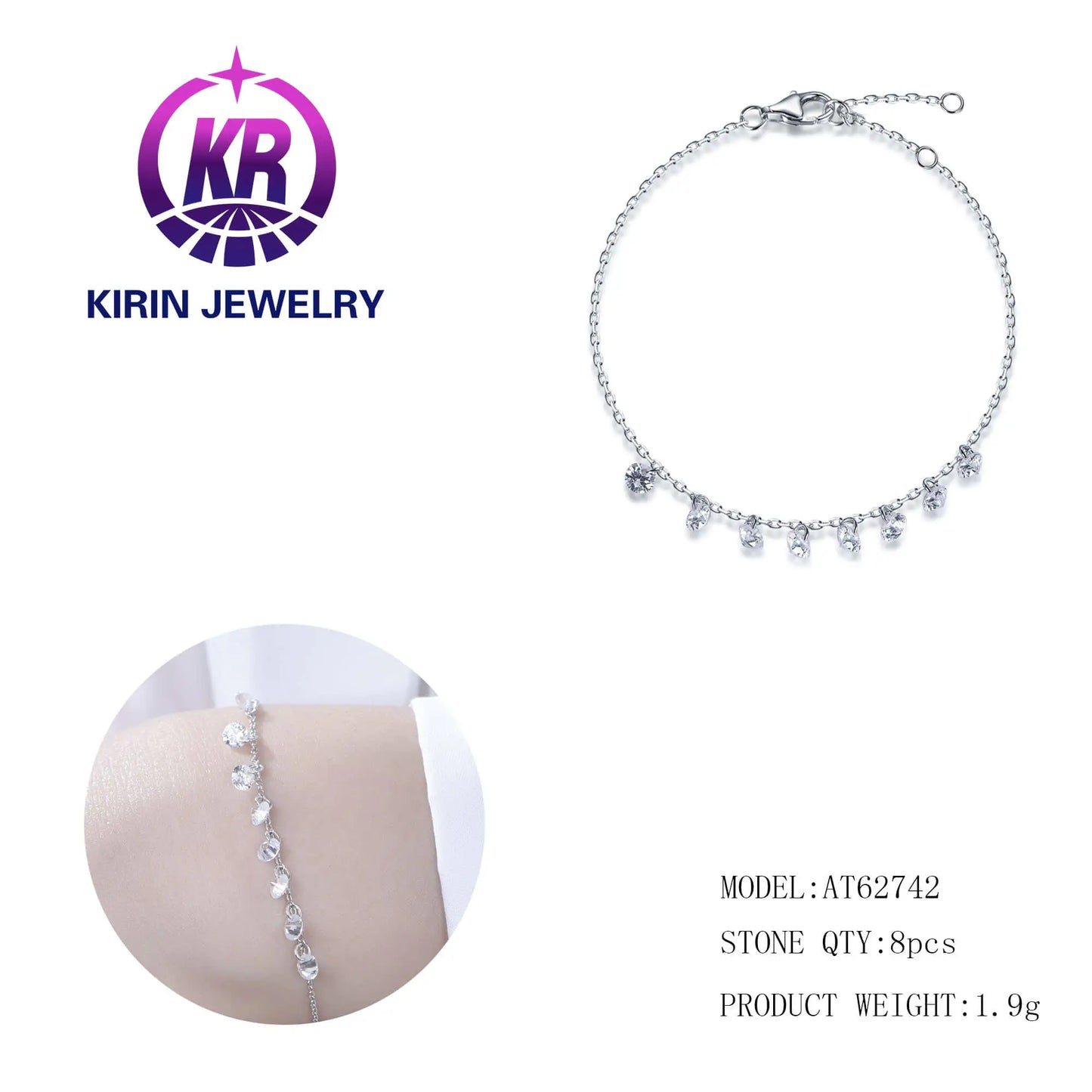 Wholesale Silver Cubic Zircon Dangling Solitaire Simple Chain Bracelet for Women