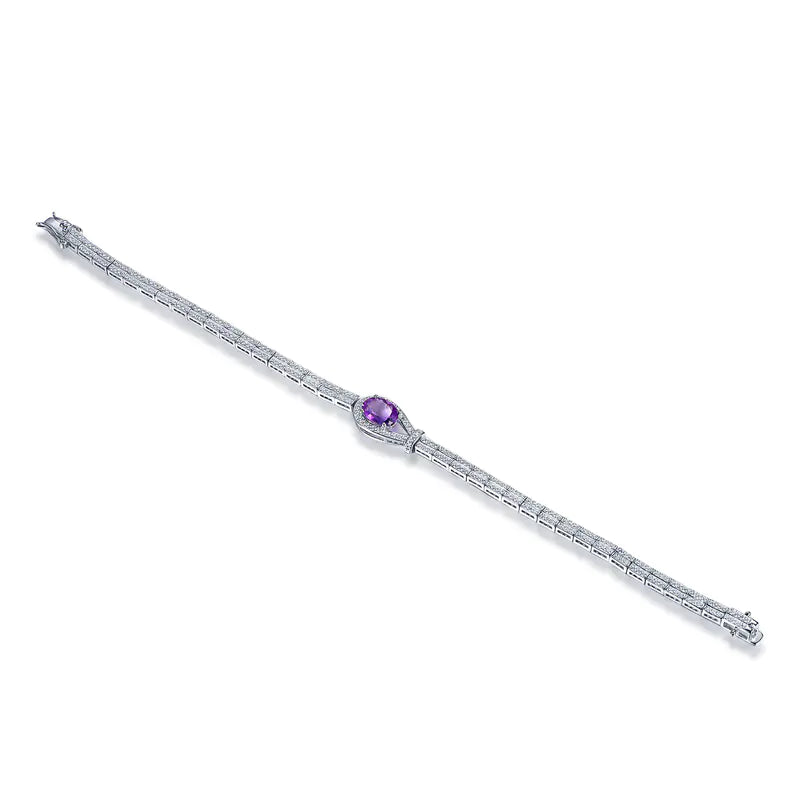 Wholesale Silver Cubic Zircon Double Chain Oval Purple Gemstone Bracelet