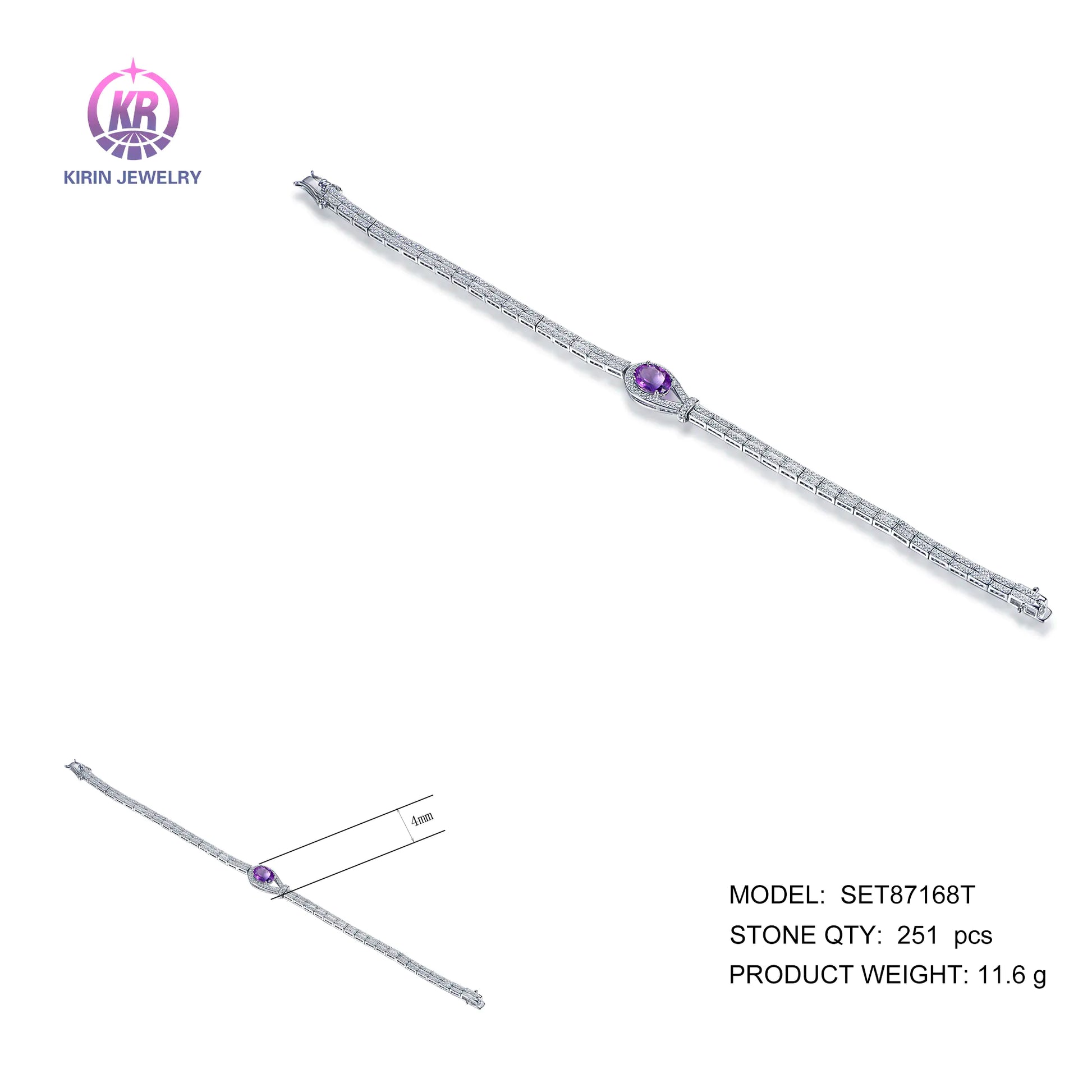 Wholesale Silver Cubic Zircon Double Chain Oval Purple Gemstone Bracelet for Women