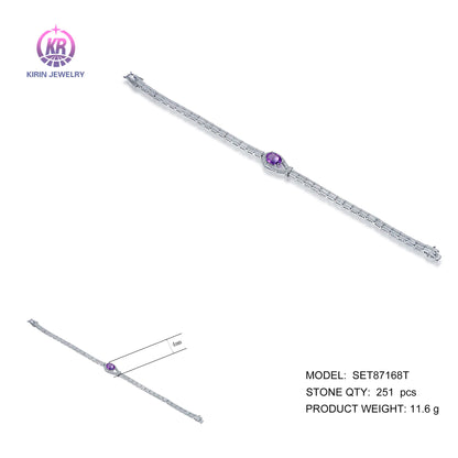 Wholesale Silver Cubic Zircon Double Chain Oval Purple Gemstone Bracelet for Women