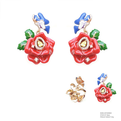 Wholesale Silver Cubic Zircon & Enamel Red Flower Earrings Vintage Bridal Jewelry Sets