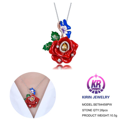 Wholesale Silver Cubic Zircon & Enamel Red Flower Pendant Vintage Bridal Jewelry Sets