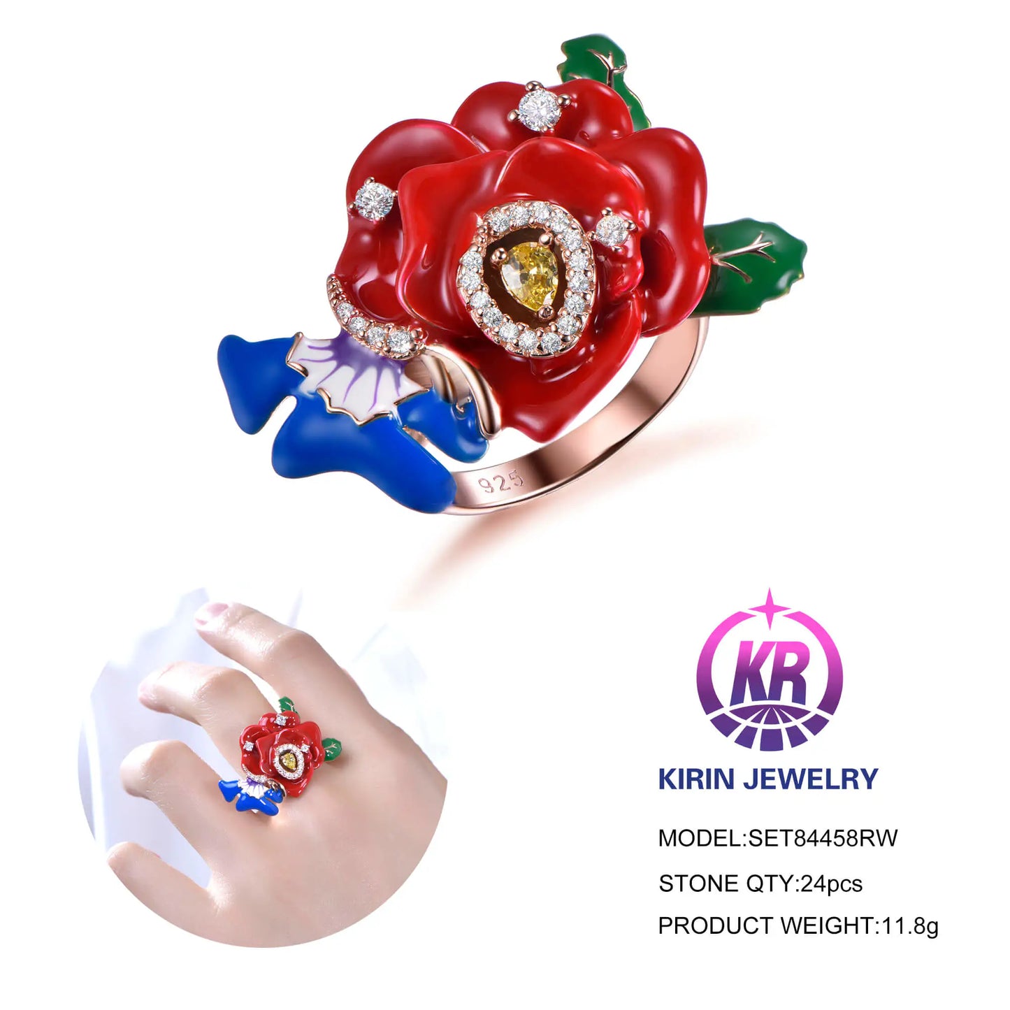 Wholesale Silver Cubic Zircon & Enamel Red Flower Ring Vintage Bridal Jewelry Sets