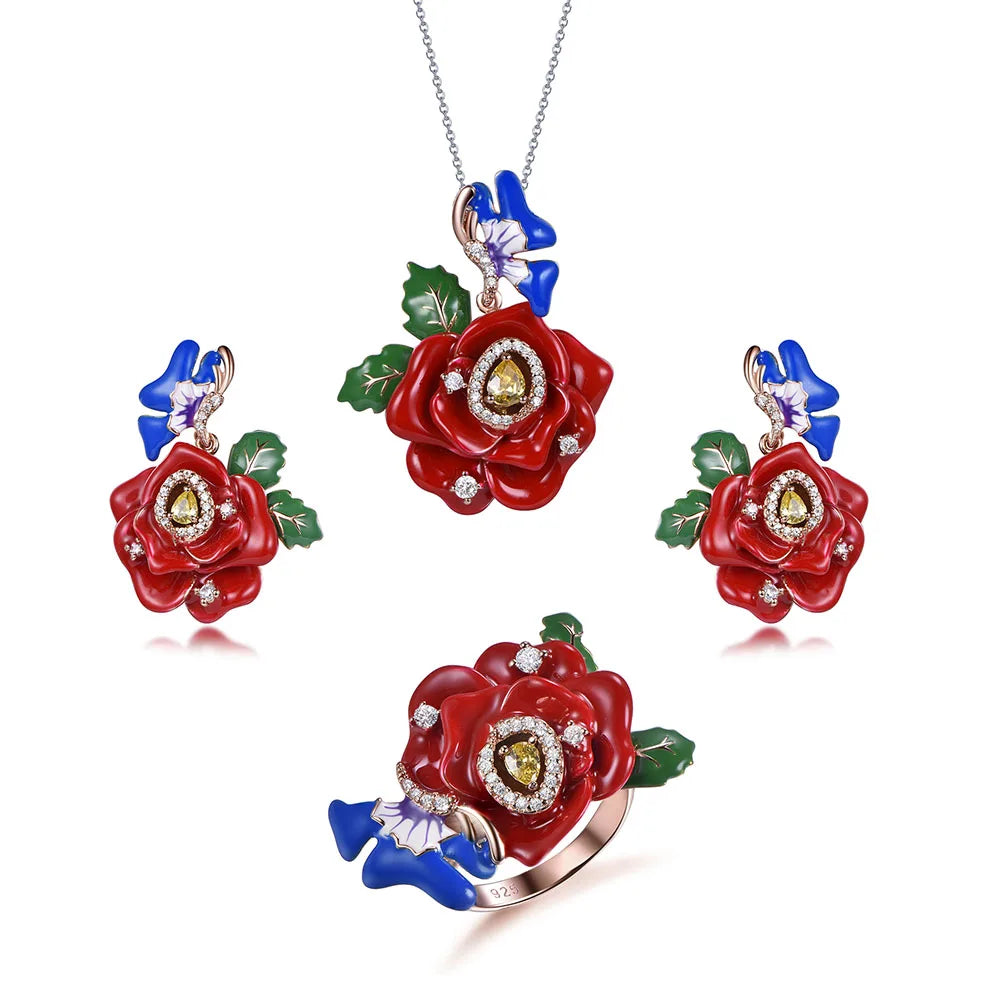 Wholesale Silver Cubic Zircon & Enamel Red Flower Vintage Bridal Jewelry Sets