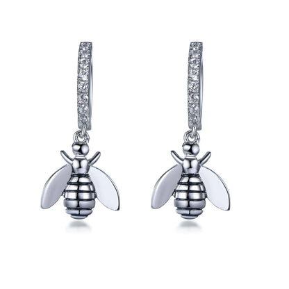 Wholesale Silver Cubic Zircon & Enamel Small Huggie Drop Bee Hoop Earrings