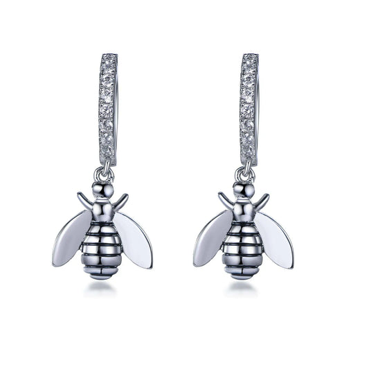 Wholesale Silver Cubic Zircon & Enamel Small Huggie Drop Bee Hoop Earrings