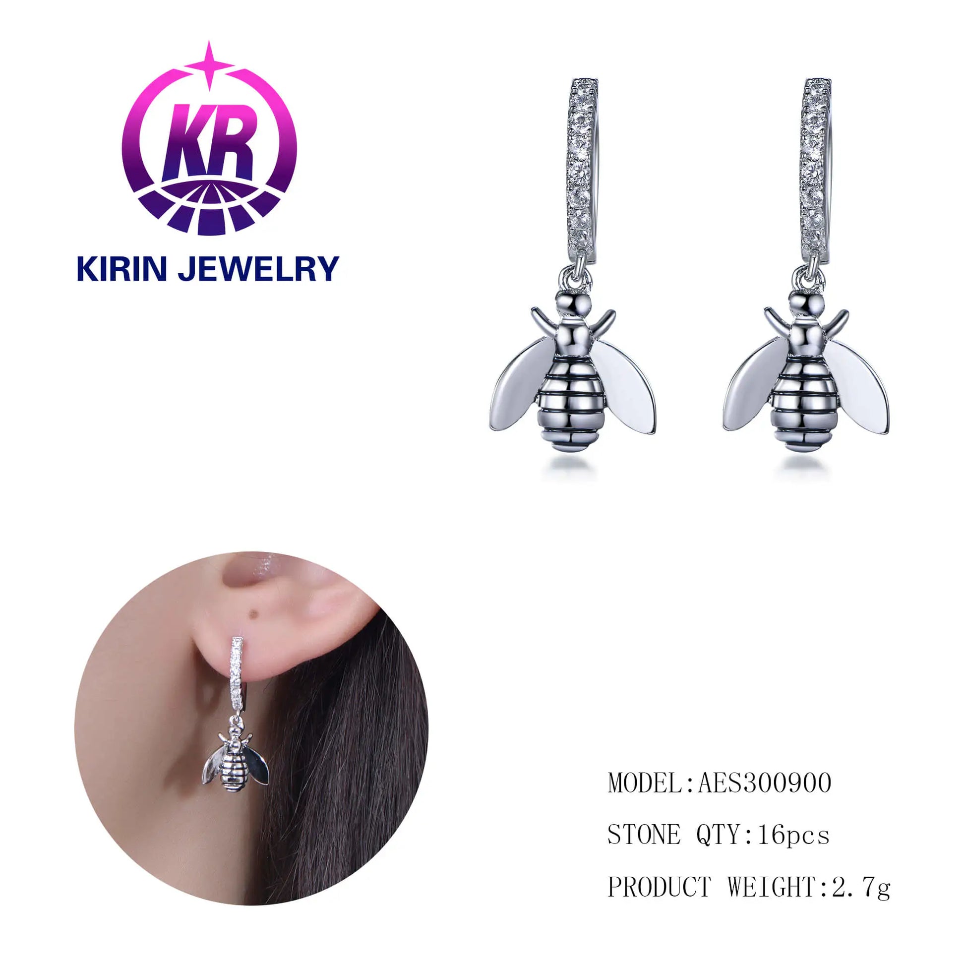 Wholesale Silver Cubic Zircon & Enamel Small Huggie Drop Bee Hoop Earrings for Women