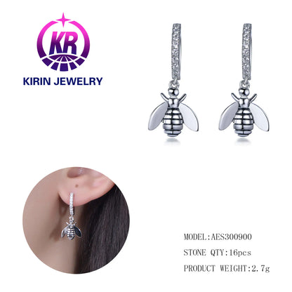 Wholesale Silver Cubic Zircon & Enamel Small Huggie Drop Bee Hoop Earrings for Women