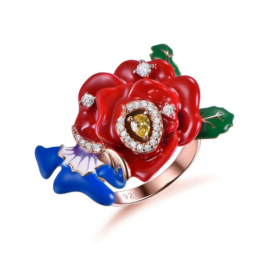 Wholesale Silver Cubic Zircon & Enamel Statement Colorful Flower Cocktail Ring