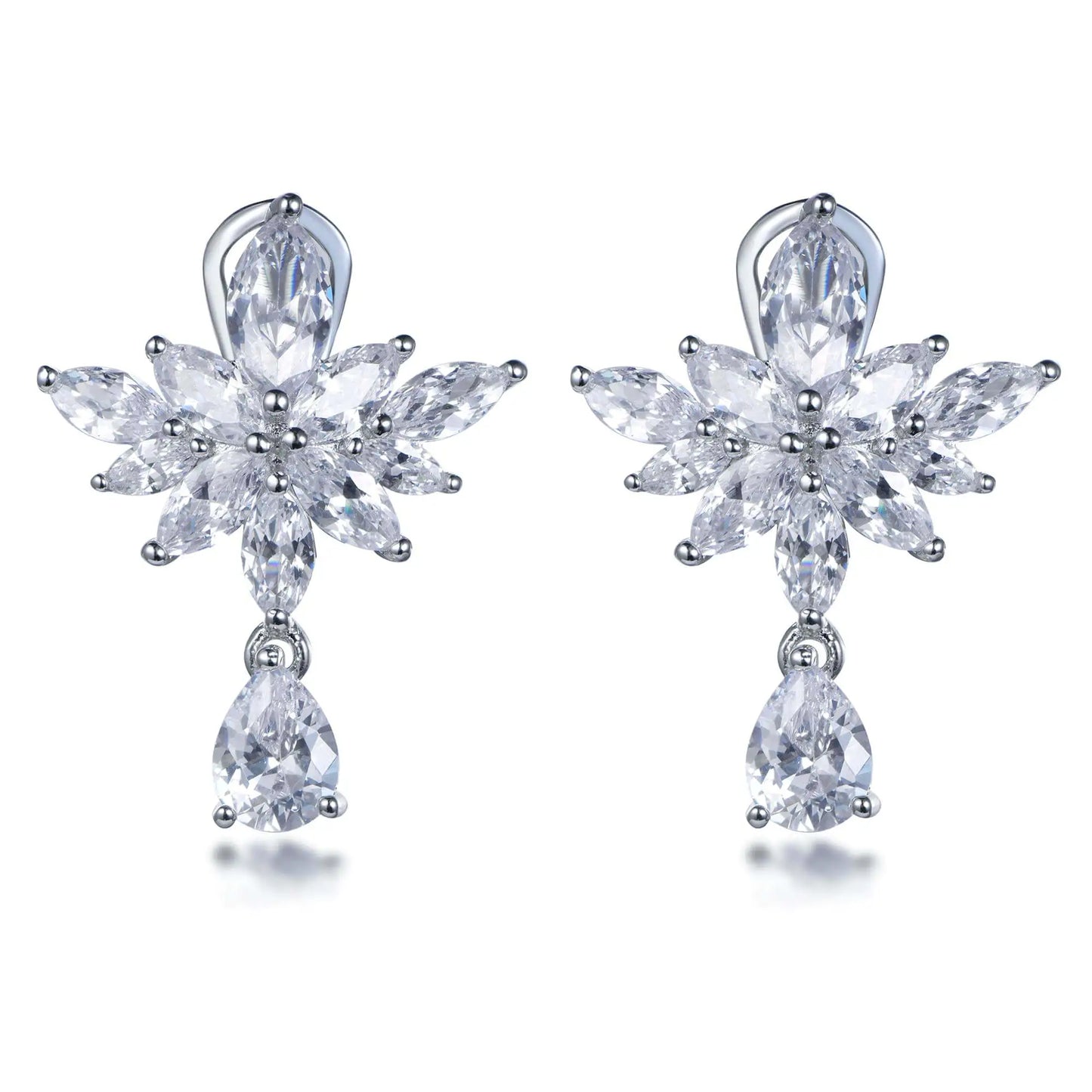 Wholesale Silver Cubic Zircon Floarl Leaf Cluster Statement Dangle Drop Earrings
