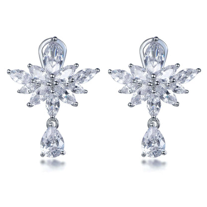 Wholesale Silver Cubic Zircon Floarl Leaf Cluster Statement Dangle Drop Earrings