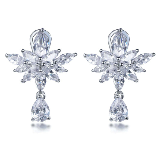Wholesale Silver Cubic Zircon Floarl Leaf Cluster Statement Dangle Drop Earrings