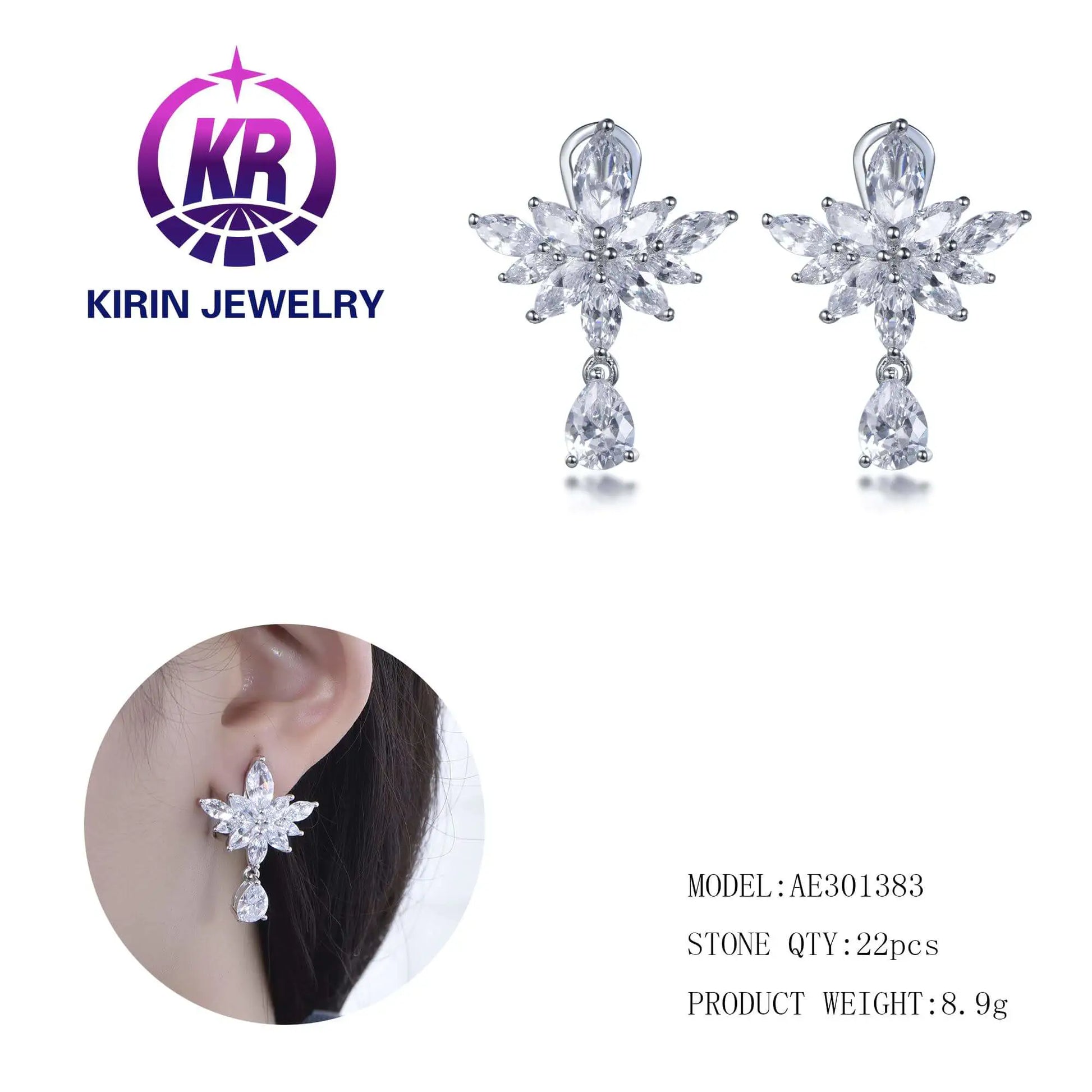 Wholesale Silver Cubic Zircon Floarl Leaf Cluster Statement Dangle Drop Earrings for Women