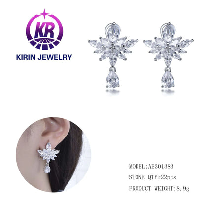 Wholesale Silver Cubic Zircon Floarl Leaf Cluster Statement Dangle Drop Earrings for Women