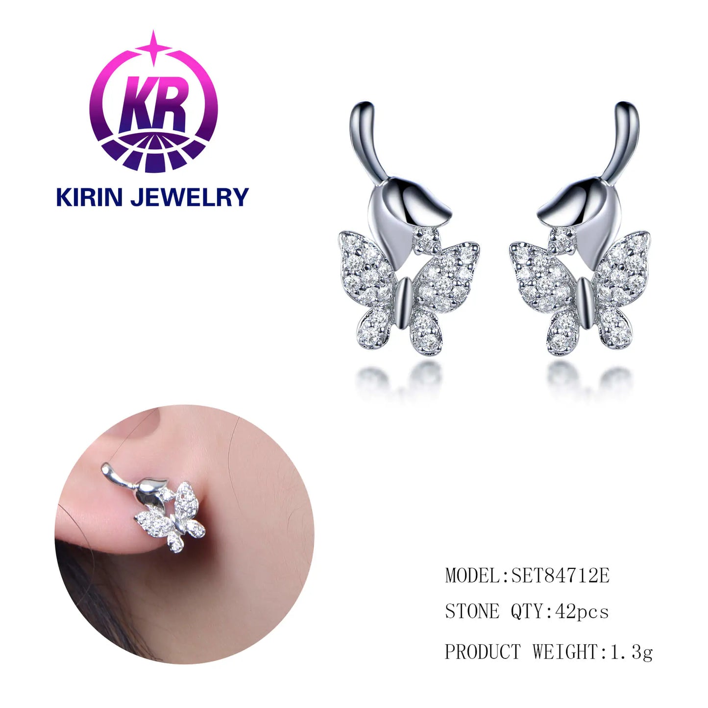Wholesale Silver Cubic Zircon Flower Butterfly Earring Dainty Bridal Jewelry Sets