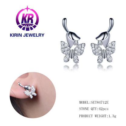 Wholesale Silver Cubic Zircon Flower Butterfly Earring Dainty Bridal Jewelry Sets