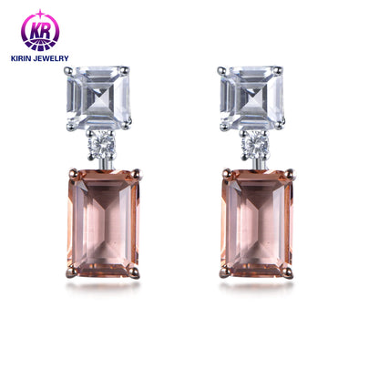 Wholesale Silver Cubic Zircon & Glass Emerald-Cut Crystal Stud Dangling Earrings