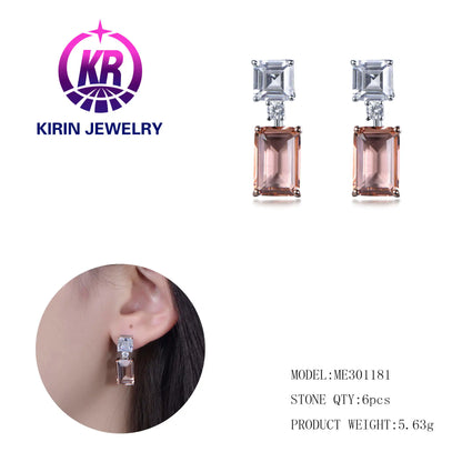 Wholesale Silver Cubic Zircon & Glass Emerald-Cut Crystal Stud Dangling Earrings for Women